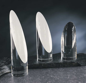 liberty crystal tower award, oval shaped tower made from clear glass crystal customizable with texts and logos
